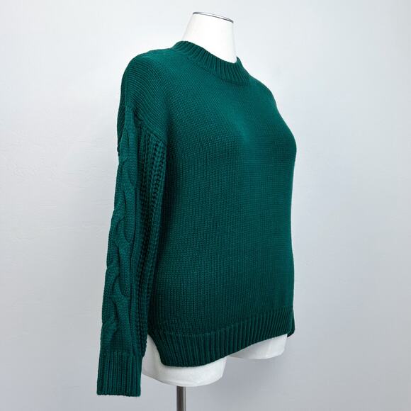 Roolee Green Cable Knit Sleeve Button-Back Crewneck Sweater - Picture 1 of 7